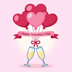 Stylized heart-shaped balloons, tied to a red ribbon, and two clinking champagne glasses. Valentine's Day concept background.