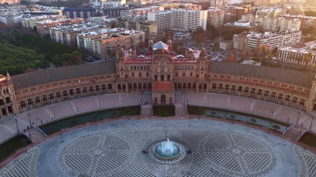 Seville Plaza de Espana at sunset, drone shot, aerial view of historic square in Seville, travel in Andalusia, Spain, Maria Luisa park in Seville