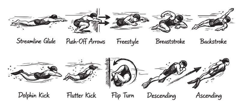 Illustrated diagram showcasing various swimming strokes like freestyle, backstroke, breaststroke, and techniques such as flip turns, presented in a black and white style.
