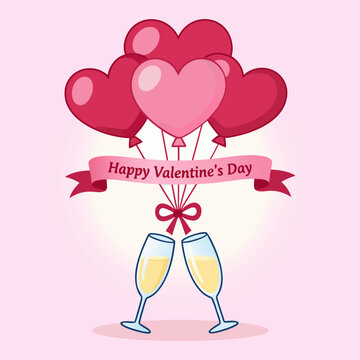 Stylized heart-shaped balloons, tied to a red ribbon, and two clinking champagne glasses. Valentine's Day concept background.