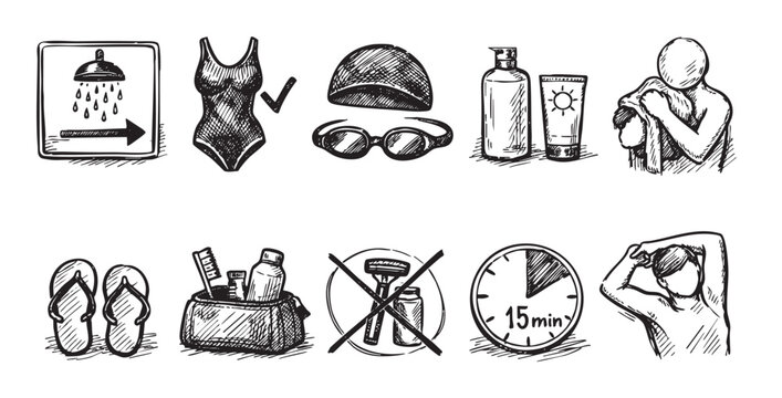 Hand-drawn style icons show swim preparation and pool rules in black and white, depicting swimsuits, goggles, showering, and other related items.