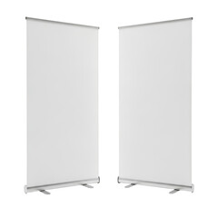 Pair of blank white roll up banner stands isolated on transparent background