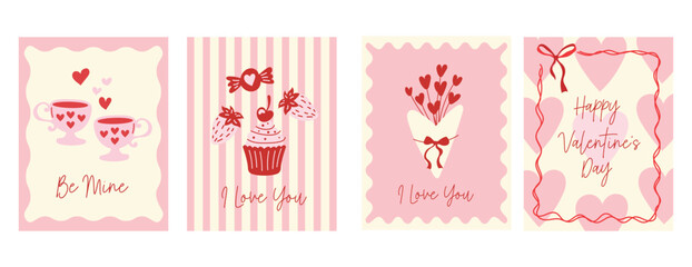 Cute Valentine&rsquo;s Day Card Set with Cakes Flowers and Hearts