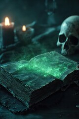 Open ancient necromancer book with green glowing smoke in dark fantasy horror style with creepy atmosphere skull and candle decorate