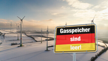 Gas storage shortage, german language, facility critical for securing supply, dark doldrums, wind lull in winter energy, and environmental conversation, Germany