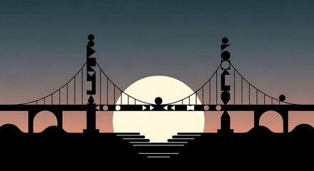 Fototapeta premium Silhouette of suspension bridge at sunset.