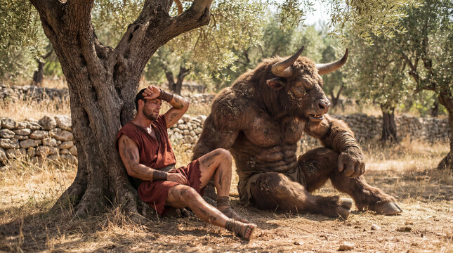 Theseus and the minotaur resting after a fight .