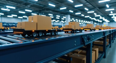 Fototapeta premium Automated Conveyor System Transporting Cardboard Boxes in a Modern Warehouse for Logistics and Distribution