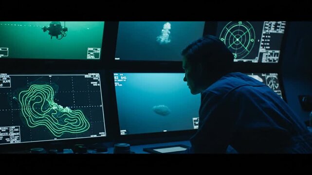 A focused individual monitors multiple underwater exploration screens in a dimly lit control room, observing intricate data and sonar images of marine life and terrain