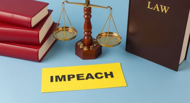Scales of justice, law books, and impeach concept on a blue backdrop, legal proceedings