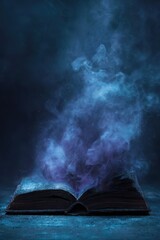 open possessed dark horror fantasy book with black smoke fire burning coming from pages with eerie lighting, creepy storytelling mood cinematic style