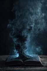 open possessed dark horror fantasy book with black smoke fire burning coming from pages with eerie lighting, creepy storytelling mood cinematic style