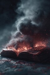open possessed dark horror fantasy book with black smoke fire burning coming from pages with eerie lighting, creepy storytelling mood cinematic style