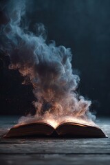 open possessed dark horror fantasy book with black smoke fire burning coming from pages with eerie lighting, creepy storytelling mood cinematic style