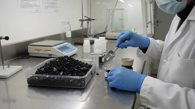 Technician wearing protective gloves carefully collects anthracite coal samples for purity testing in a controlled laboratory environment.