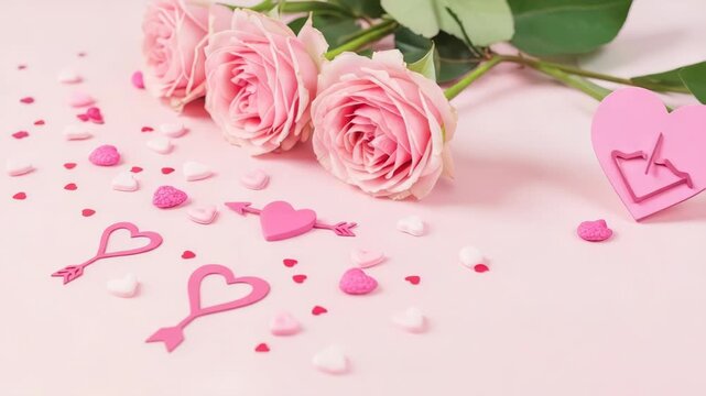 Pink valentines day roses and candy hearts on pastel background with bows