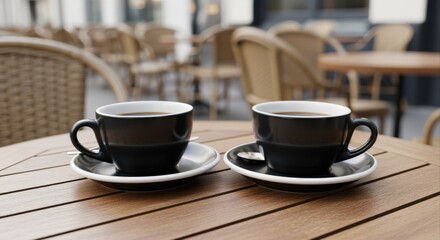 Obraz premium Two Cups of Coffee on a Wooden Table in an Outdoor Cafe Setting for Commercial Use