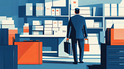 Business man walking through office storage room illustration