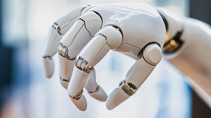 Close up of robotic hand reaching forward in modern technology setting