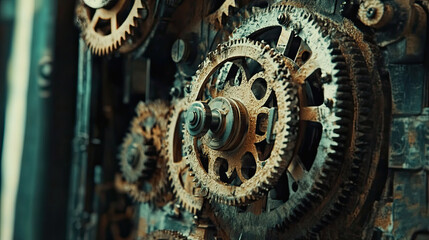 Close up of rusty industrial gears and cogs in mechanical system