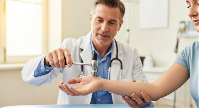 A doctor tests a patient's reflexes using a reflex hammer