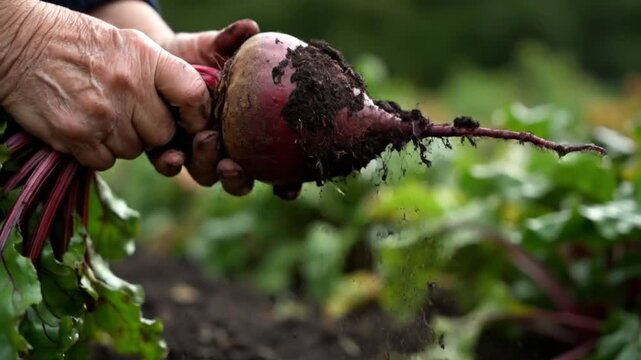 A gardener harvesting a freshly pulled beetroot from rich, dark soil, with lush green leaves in the background, showcasing the beauty of home gardening and sustainable food practices