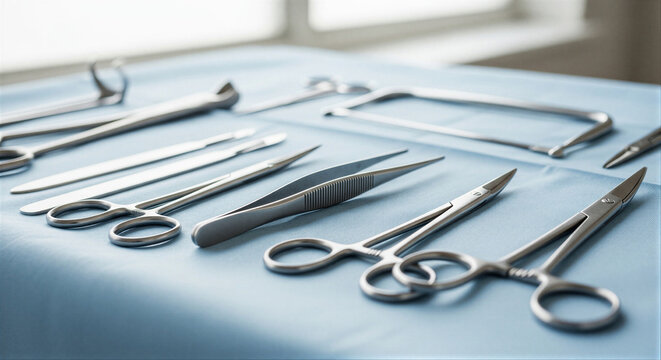 Surgical instruments arranged on blue medical cloth background
