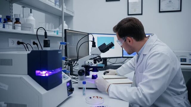 Technician conducting detailed spectroscopy analysis of mineral samples highlighting precision testing and data evaluation.