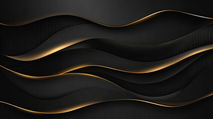 Dark abstract black waves with gold light accents background