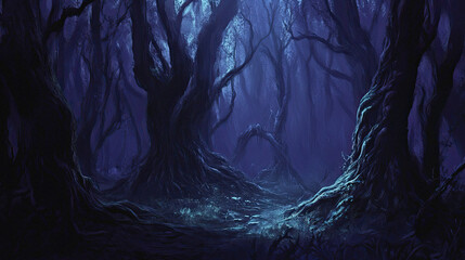 Dark mystical forest with twisted trees and glowing night atmosphere illustration