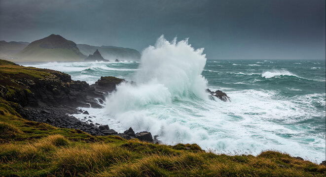 Powerful ocean waves crashing against rocky coast under a stormy sky during daytime