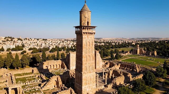 Aerial Drone Footage of the Great Mosque of Aleppo Minaret and Ruins