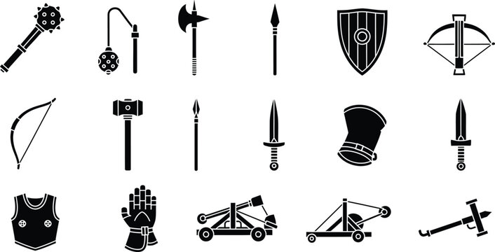 A large collection of medieval warfare icons including weapons, armor, and siege engines