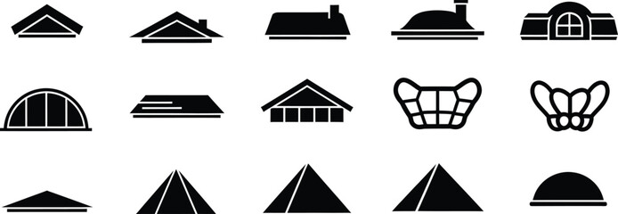 A collection of architectural roof silhouettes and building structural icons © Milon Store