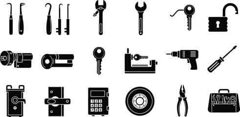 Obraz premium A comprehensive set of locksmith tools and security devices silhouette icons