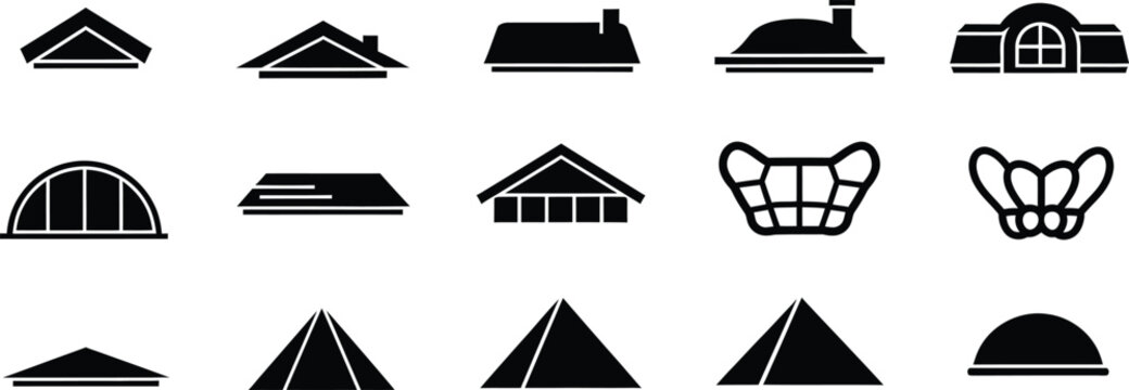 A collection of architectural roof silhouettes and building structural icons