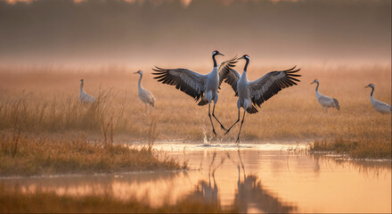 Fototapeta premium Cranes dance in shallow water at dawn in wetlands, showcasing their grace and movement in nature