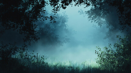 Misty forest clearing with soft light and atmospheric fog illustration