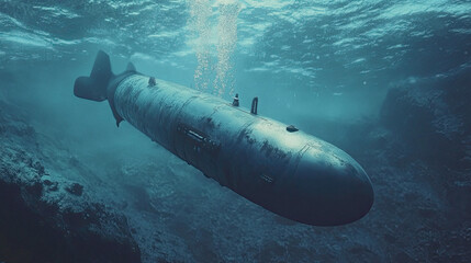 Military submarine navigating underwater in deep ocean illustration