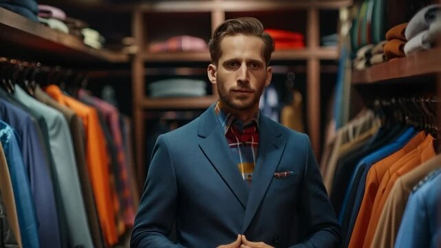 A confident man in a suit standing among hangers with bright jackets will be the perfect backdrop for advertising fashion boutiques or business training courses.
