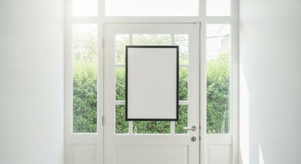 Fototapeta premium Framed Blank Poster Mockup on White Door with Natural Light and Greenery View Background