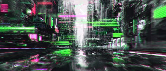 Obraz premium Futuristic neon city with digital speed lines