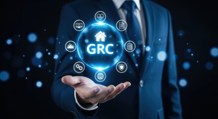 Fototapeta premium Governance Risk Compliance Concept: Businessman Presents GRC on Holographic Display for Business Strategy and Technology Solutions