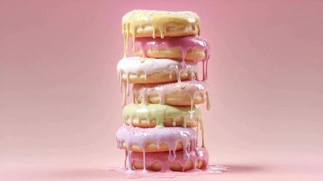 Stack of pastel donuts with glossy glaze stretching, melting icing dripping down, soft texture and sweet dessert appeal, pink background enhances playful and dreamy mood, delicious stack of sweet