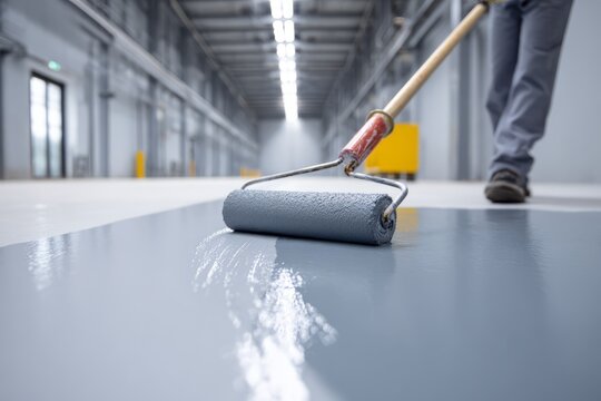 Painting concrete floor with roller in industrial building