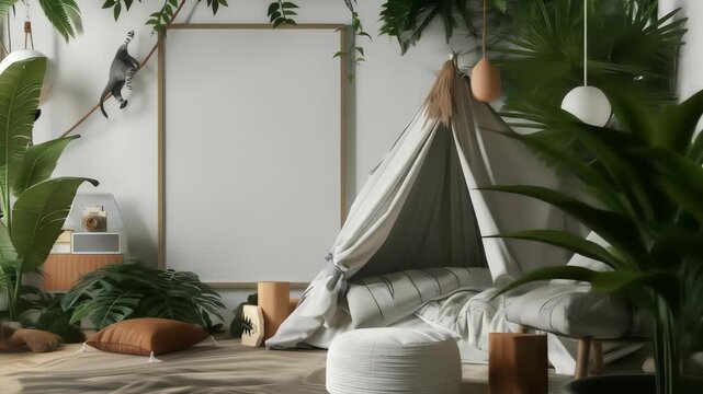 Children's indoor teepee play area filled with plants, toys, and a blank frame for personalized artwork or photos.