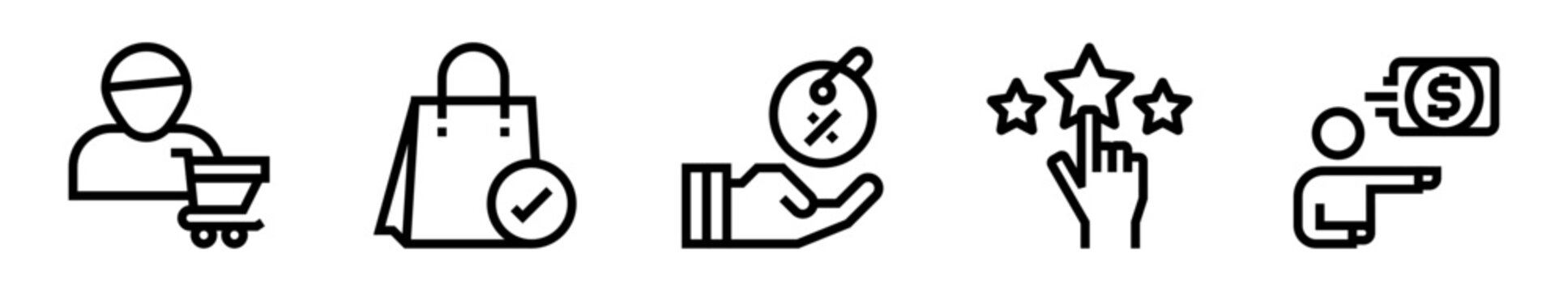 Conjunto de iconos de consumidor. Experiencia de compra, validaci&oacute;n de productos, descuentos comerciales, valoraci&oacute;n de servicios, pago r&aacute;pido. Ilustraci&oacute;n vectorial lineal