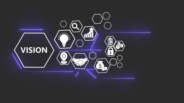 Vision technology concept with digital business icons animation. Natural language processing interface with AI data visualization, AI language processing innovation digital interface..	