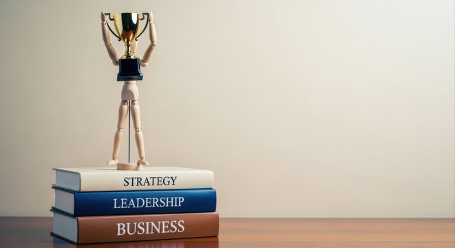Achieving Business Success: Wooden Mannequin Holding Trophy Atop Books Representing Strategy, Leadership and General Business Acumen