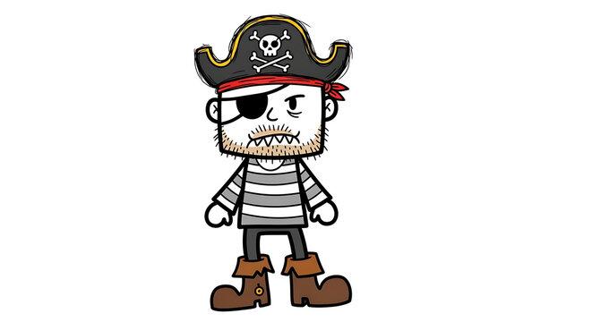 A cartoon pirate character standing with a pirate hat and eye patch illustration